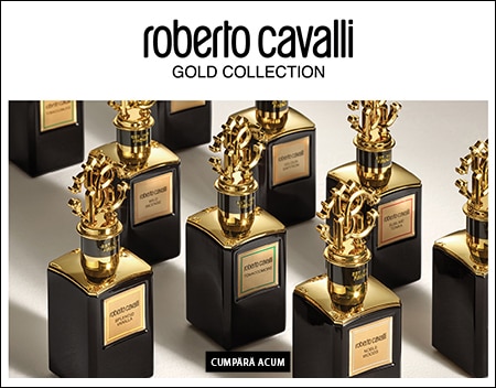 Gama de parfumuri Roberto Cavalli Gold Collection în flacoane negre cu finisaj auriu
